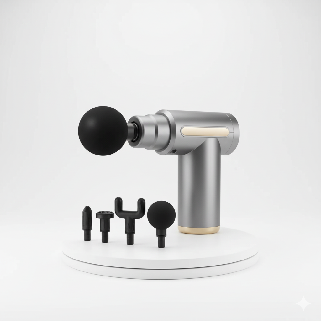 Pistolet de massage percussion avec 4 têtes interchangeables, design élégant gris et or, pour soulager les tensions musculaires profondes et favoriser la récupération.