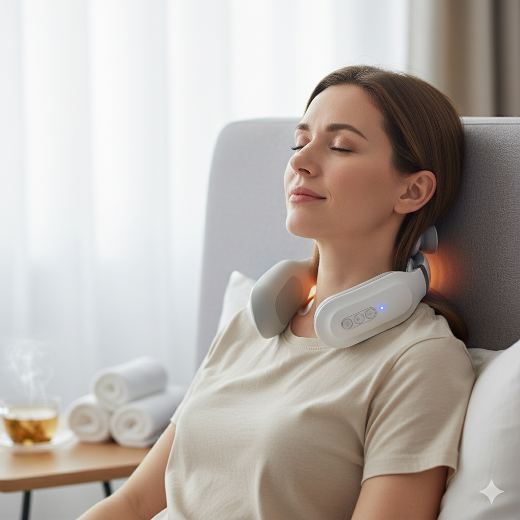 Femme détendue utilisant un masseur cervical chauffant, soulagement de la fatigue musculaire et relaxation à domicile, avec fonction de chaleur et contrôle facile.