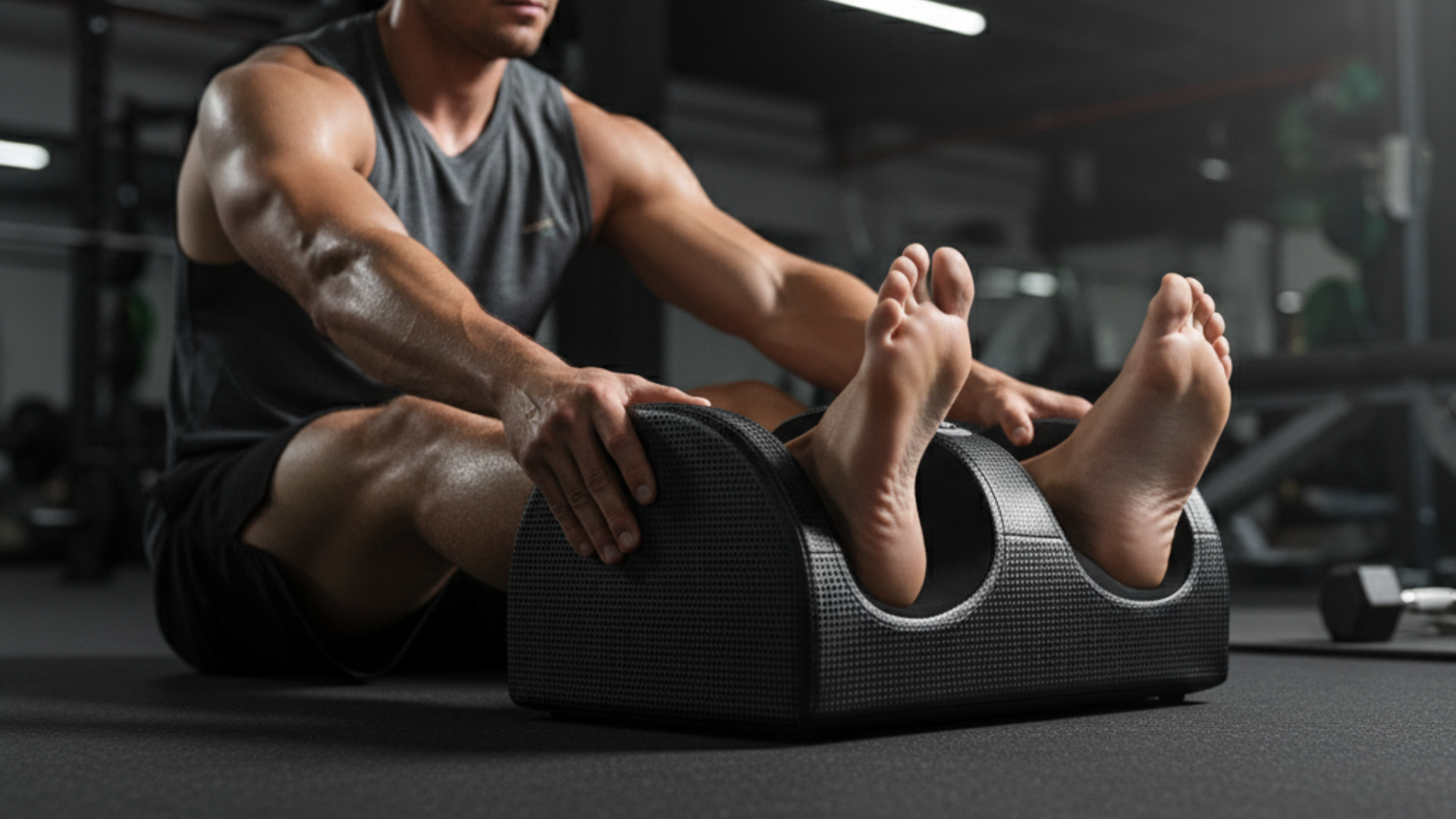 un athlète musclé utilise l'appareil massant pour pied glowell