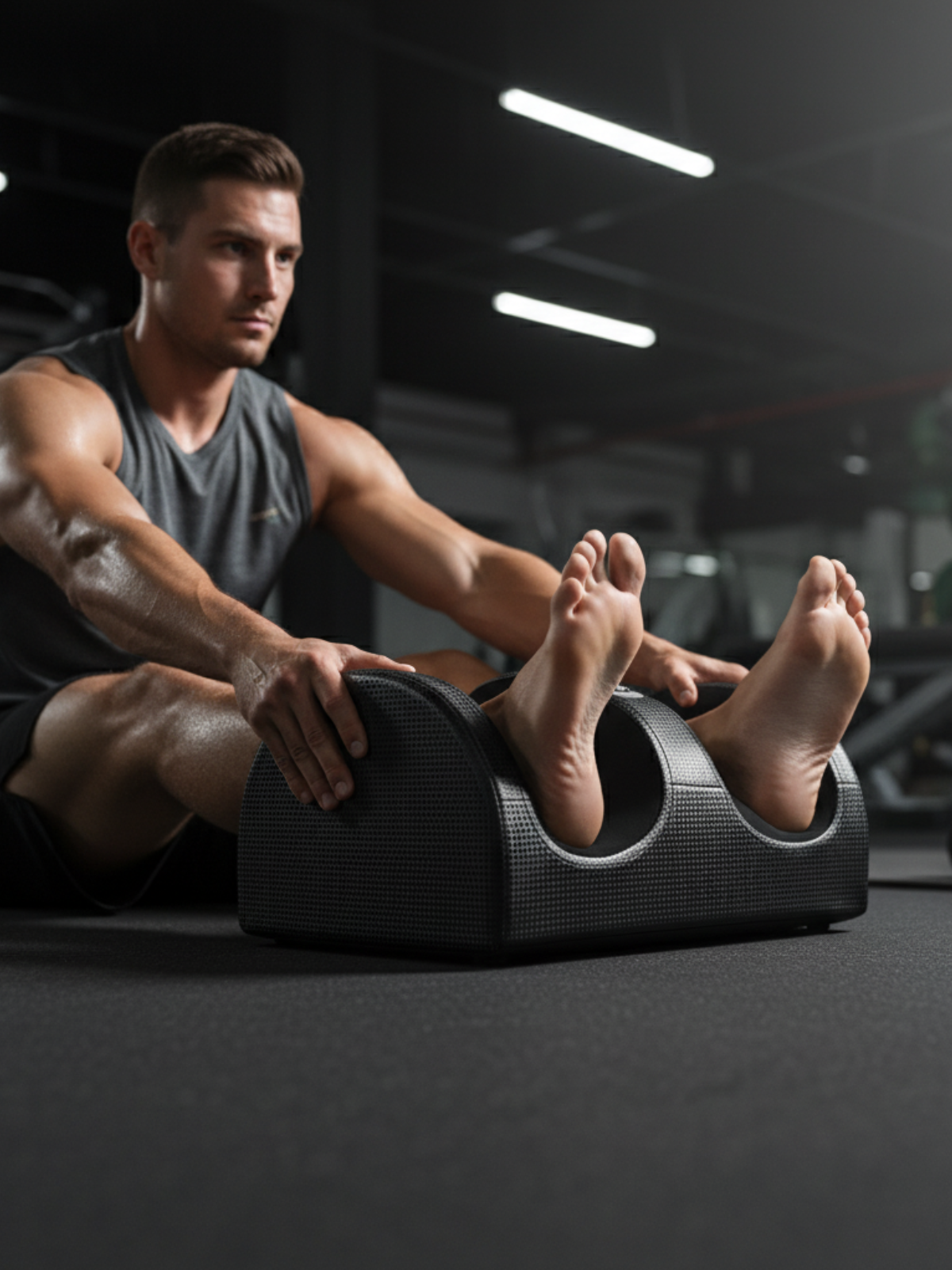 un athlète musclé utilise l'appareil massant pour pied glowell