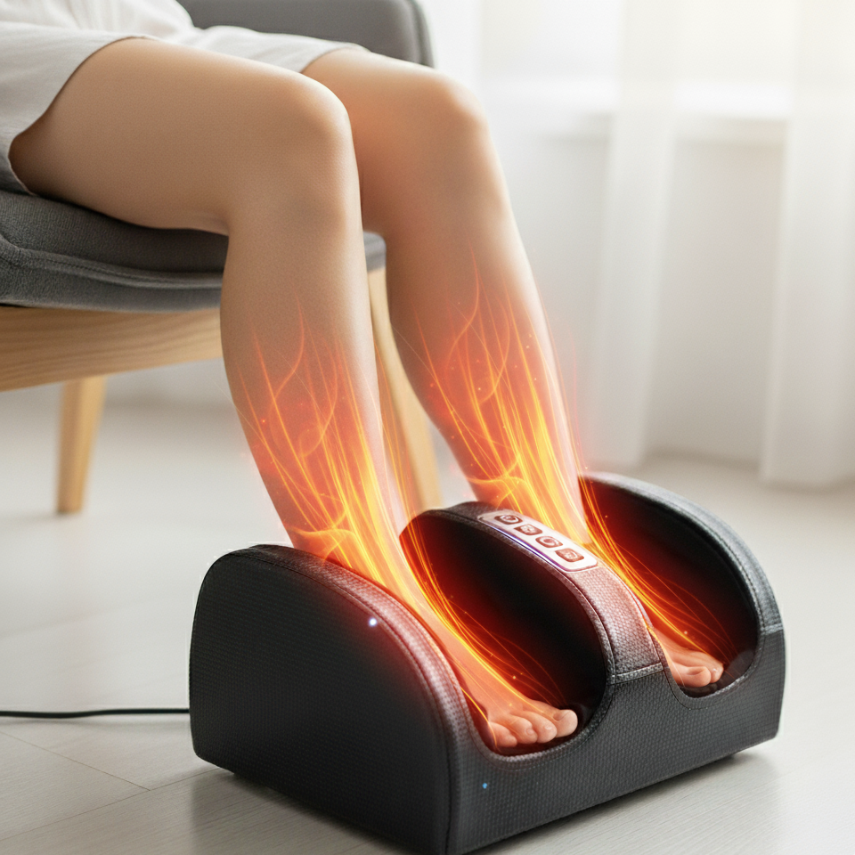Massage des pieds avec effet de chaleur visible, offrant un confort et une relaxation grâce à l'appareil masseur. Les jambes sont massées avec des effets lumineux pour la stimulation de la circulation.