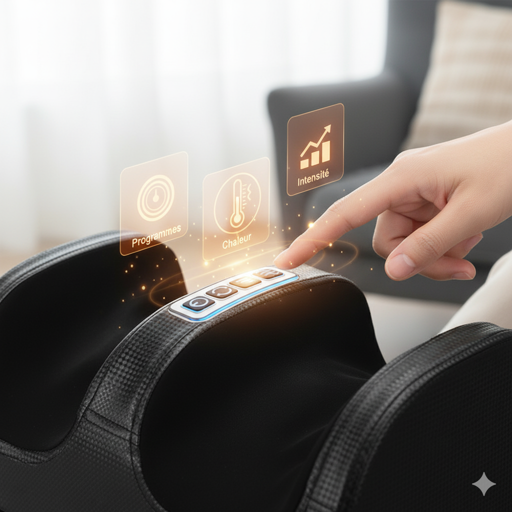 Contrôle tactile de l'appareil masseur pour pieds, avec des icônes illustrant les options de programmes, chaleur et intensité pour personnaliser l'expérience de massage.