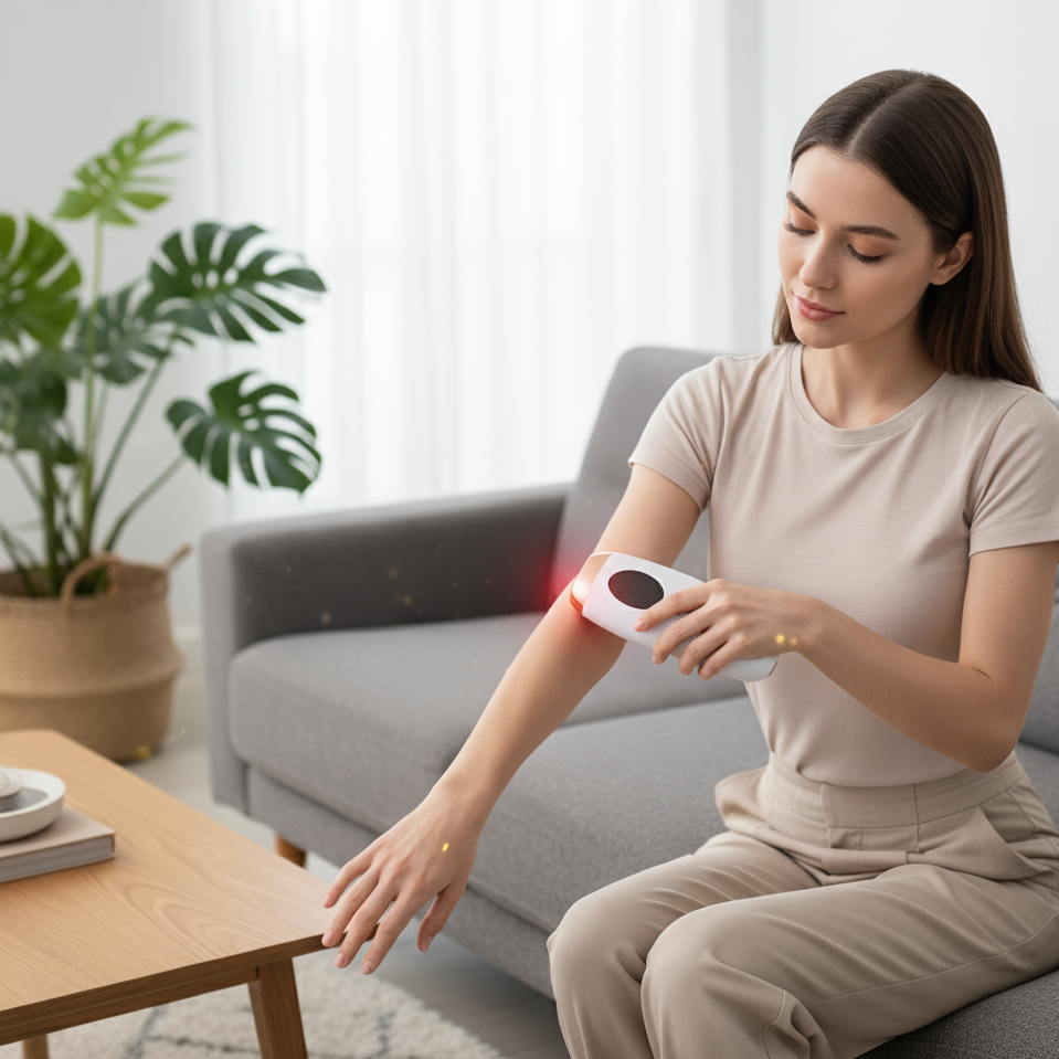 Utilisation d'un appareil laser IPL blanc sur le bras, illustrant son application pour l'épilation à domicile, dans un environnement moderne et lumineux.