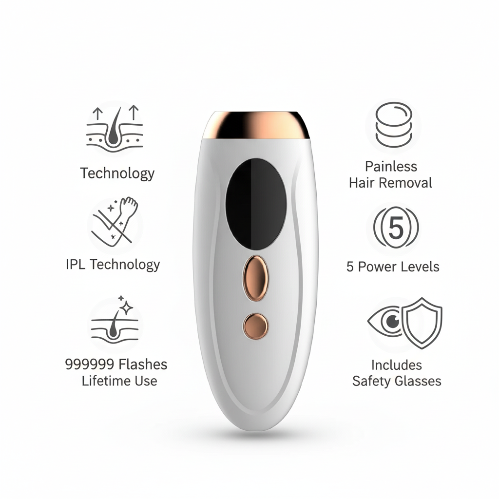 Appareil laser IPL blanc avec technologie de suppression des poils sans douleur, 5 niveaux de puissance, 999 999 flashes pour une utilisation à vie, et lunettes de sécurité incluses.