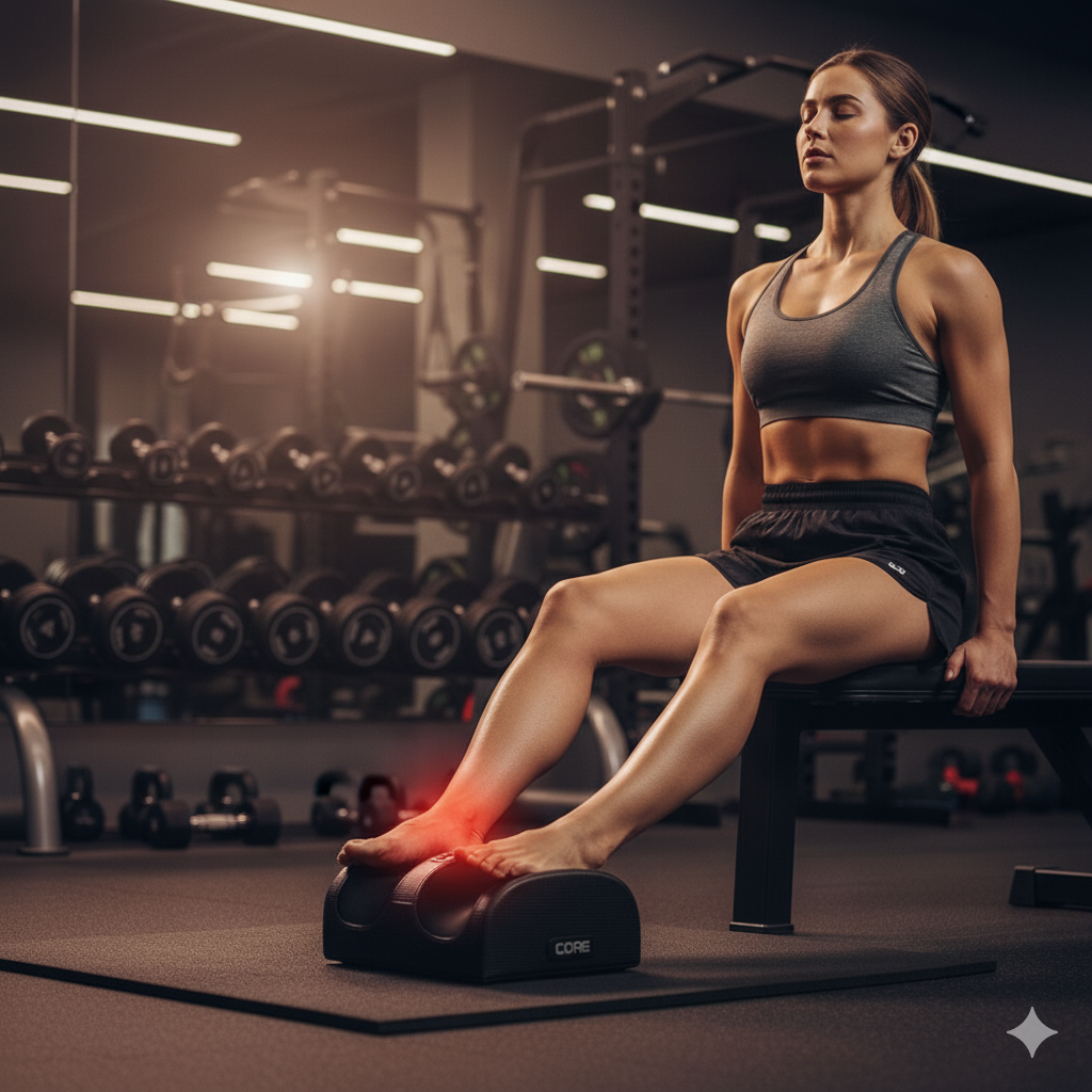 une athlète dans une salle de sport a des douleurs aux pieds et utilise l'appareil masseur glowell pour se soulager