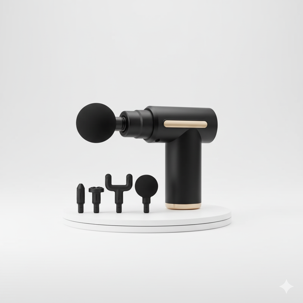 Pistolet de massage percussion avec 4 têtes interchangeables, design élégant noir et or, pour soulager les tensions musculaires profondes et favoriser la récupération.