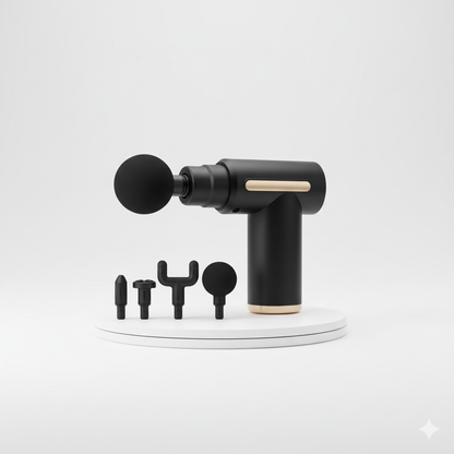 Pistolet de massage percussion avec 4 têtes interchangeables, design élégant noir et or, pour soulager les tensions musculaires profondes et favoriser la récupération.