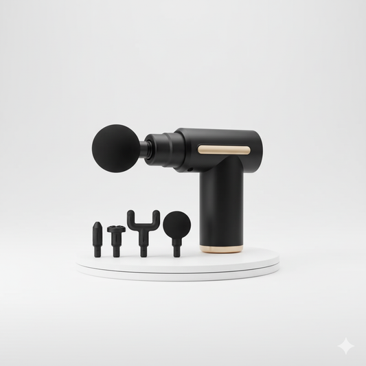 Pistolet de massage percussion avec 4 têtes interchangeables, design élégant noir et or, pour soulager les tensions musculaires profondes et favoriser la récupération.