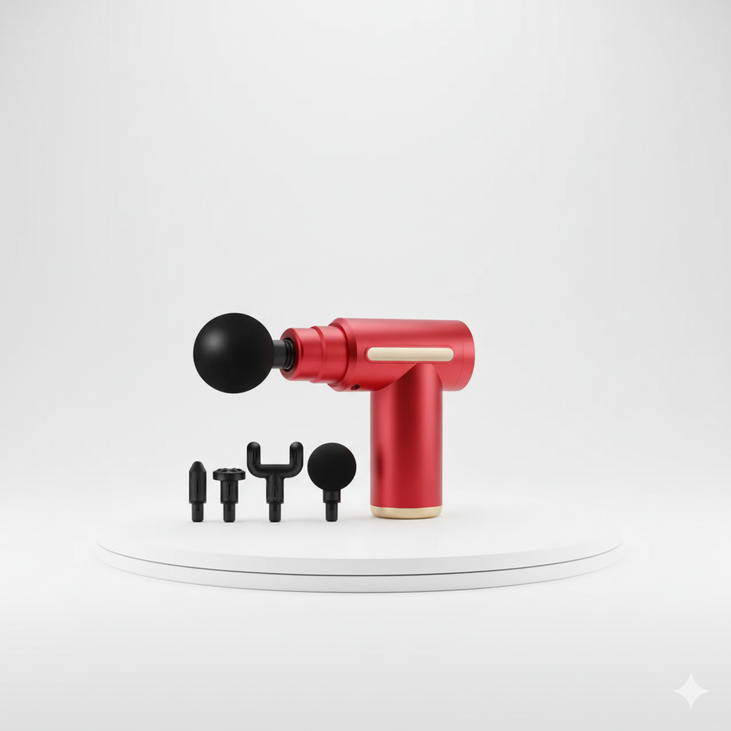 Pistolet de massage percussion avec 4 têtes interchangeables, design élégant rouge et or, pour soulager les tensions musculaires profondes et favoriser la récupération.