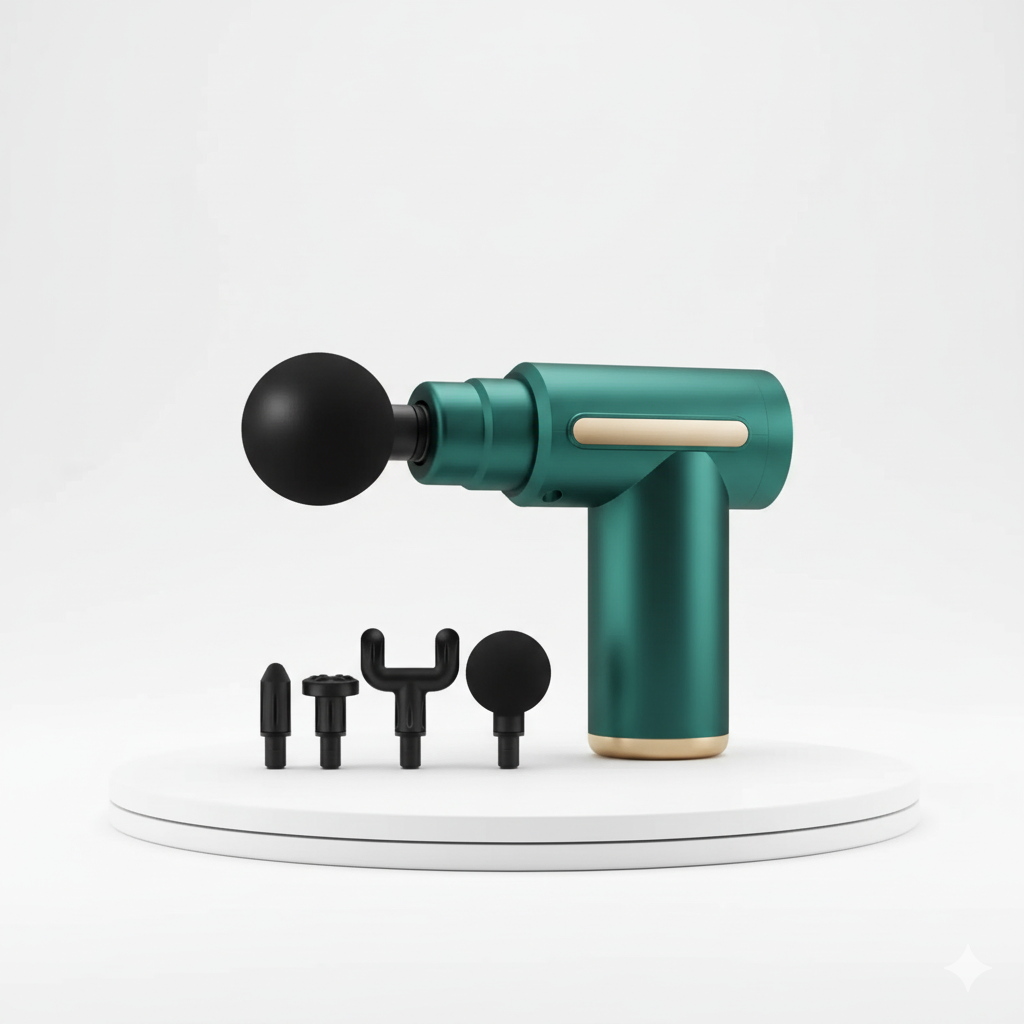 Pistolet de massage percussion avec 4 têtes interchangeables, design élégant vert et or, pour soulager les tensions musculaires profondes et favoriser la récupération.