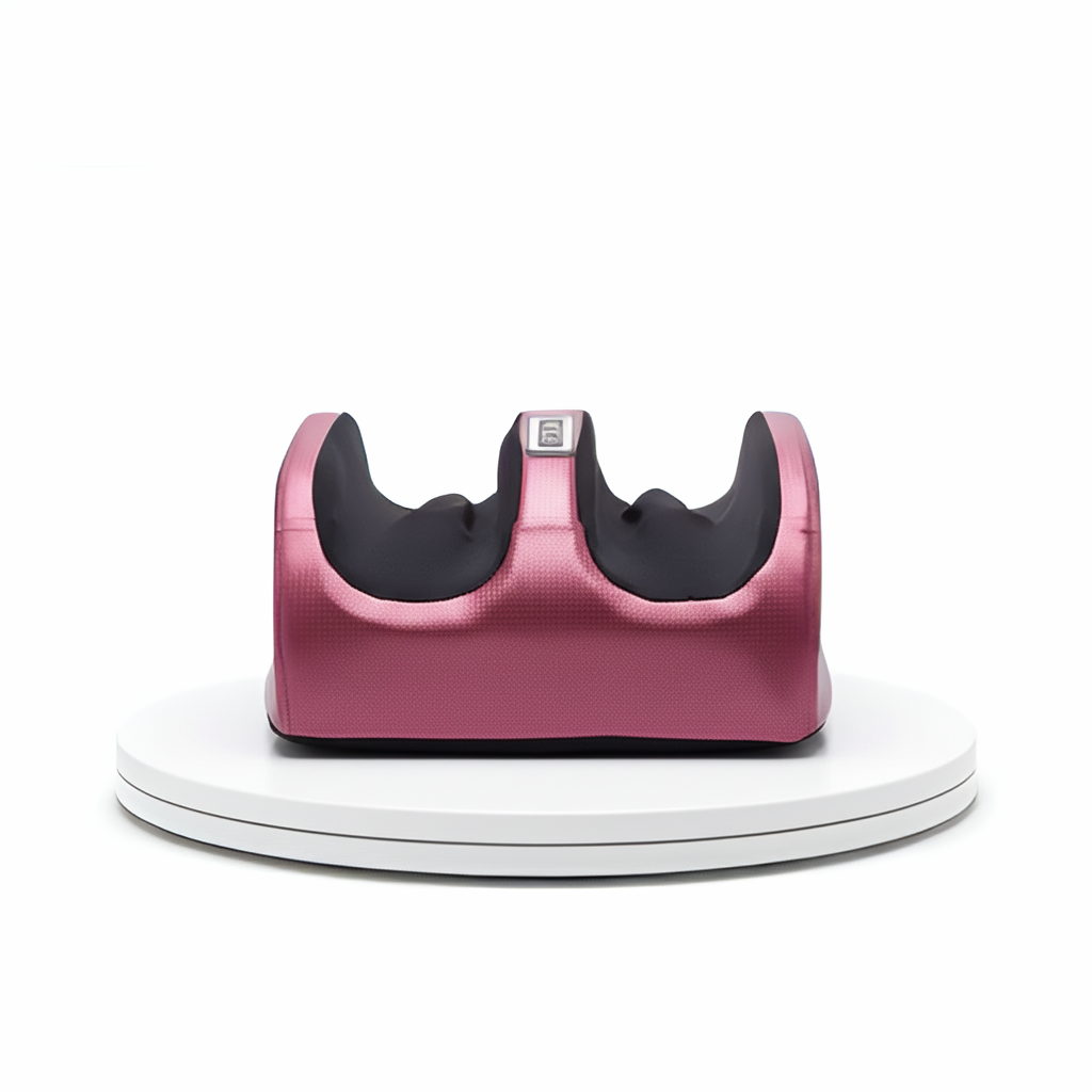 Appareil masseur pour pieds rose, avec une conception ergonomique pour un massage relaxant à domicile. Design moderne sur une base blanche, idéal pour le bien-être et la relaxation des pieds.