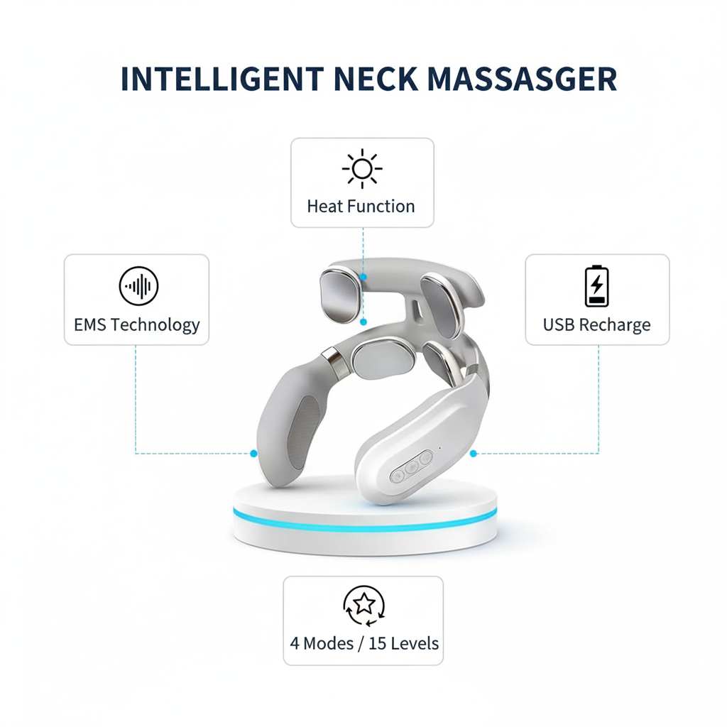 Masseur intelligent pour le cou avec technologie EMS, fonction de chaleur, recharge USB, 4 modes et 15 niveaux d’intensité pour un soulagement efficace des douleurs cervicales.