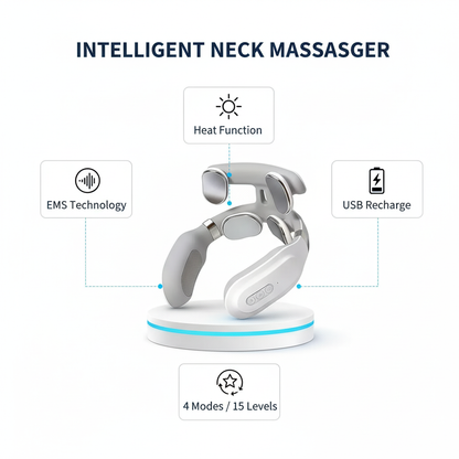 Masseur intelligent pour le cou avec technologie EMS, fonction de chaleur, recharge USB, 4 modes et 15 niveaux d’intensité pour un soulagement efficace des douleurs cervicales.