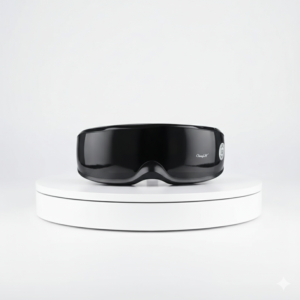 Masque de massage oculaire intelligent, design noir, sur support blanc, pour relaxation et soulagement de la fatigue oculaire.