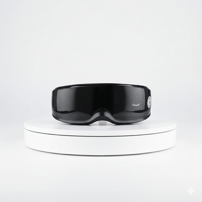 Masque de massage oculaire intelligent, design noir, sur support blanc, pour relaxation et soulagement de la fatigue oculaire.