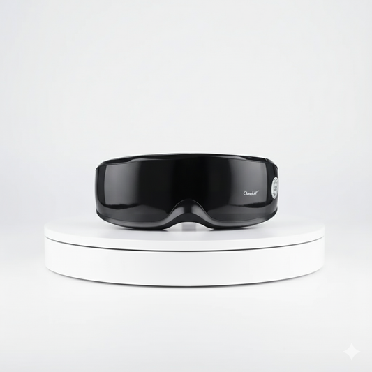 Masque de massage oculaire intelligent, design noir, sur support blanc, pour relaxation et soulagement de la fatigue oculaire.