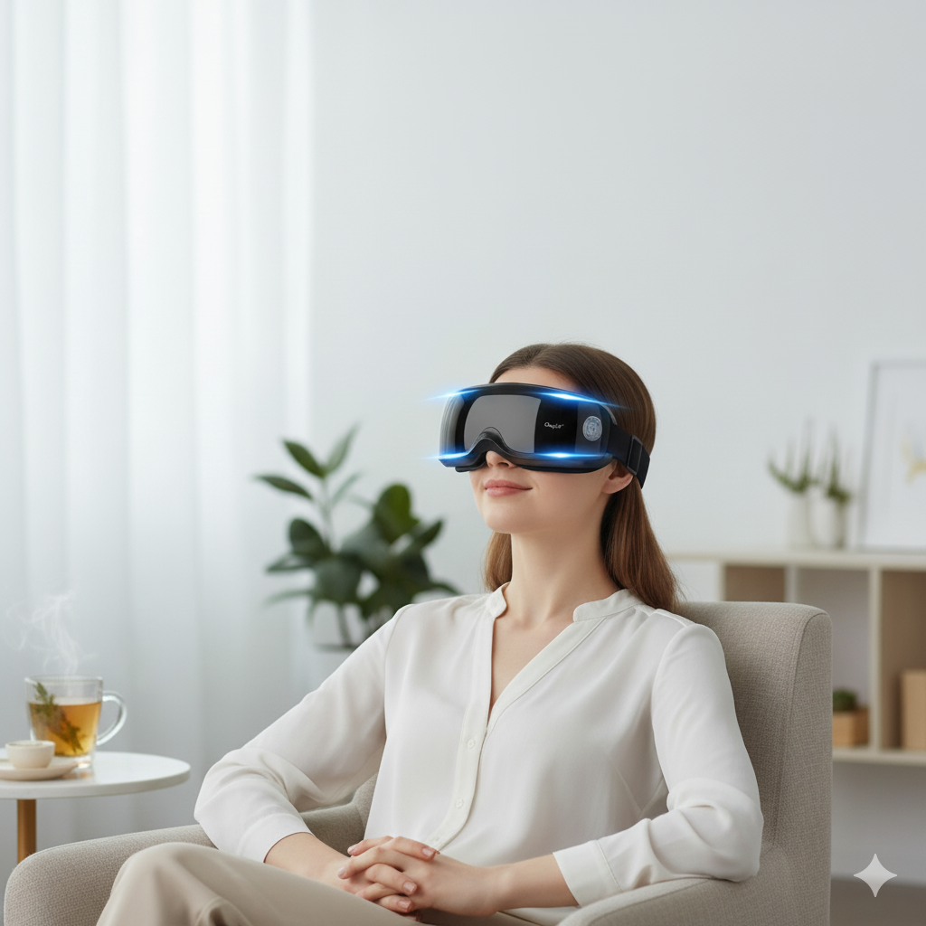Femme utilisant un masque de massage oculaire intelligent pour relaxation, avec fonction de chaleur et technologie de massage, dans un cadre apaisant à domicile.