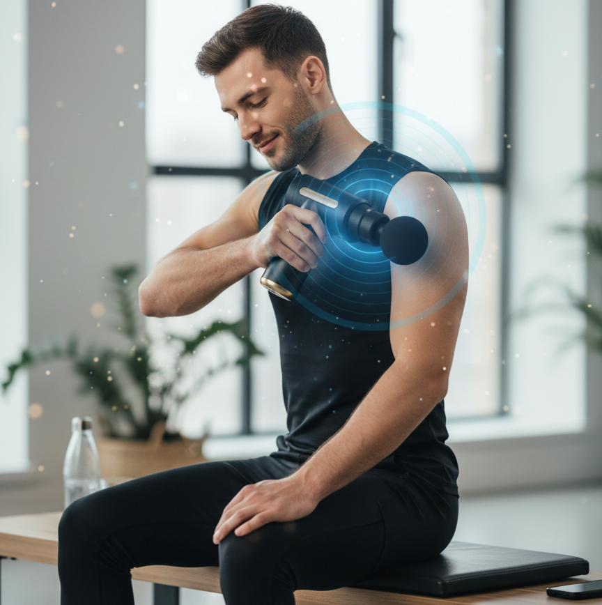 Homme utilisant un pistolet de massage musculaire portable pour soulager les tensions dans l'épaule après l'entraînement, avec technologie de percussion profonde.