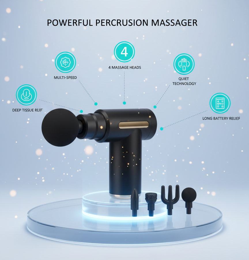 Pistolet de massage percussion puissant avec 4 têtes interchangeables, technologie silencieuse, et fonction de soulagement profond des tissus. Rechargeable avec longue autonomie.