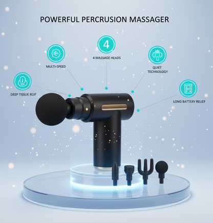 Pistolet de massage percussion puissant avec 4 têtes interchangeables, technologie silencieuse, et fonction de soulagement profond des tissus. Rechargeable avec longue autonomie.